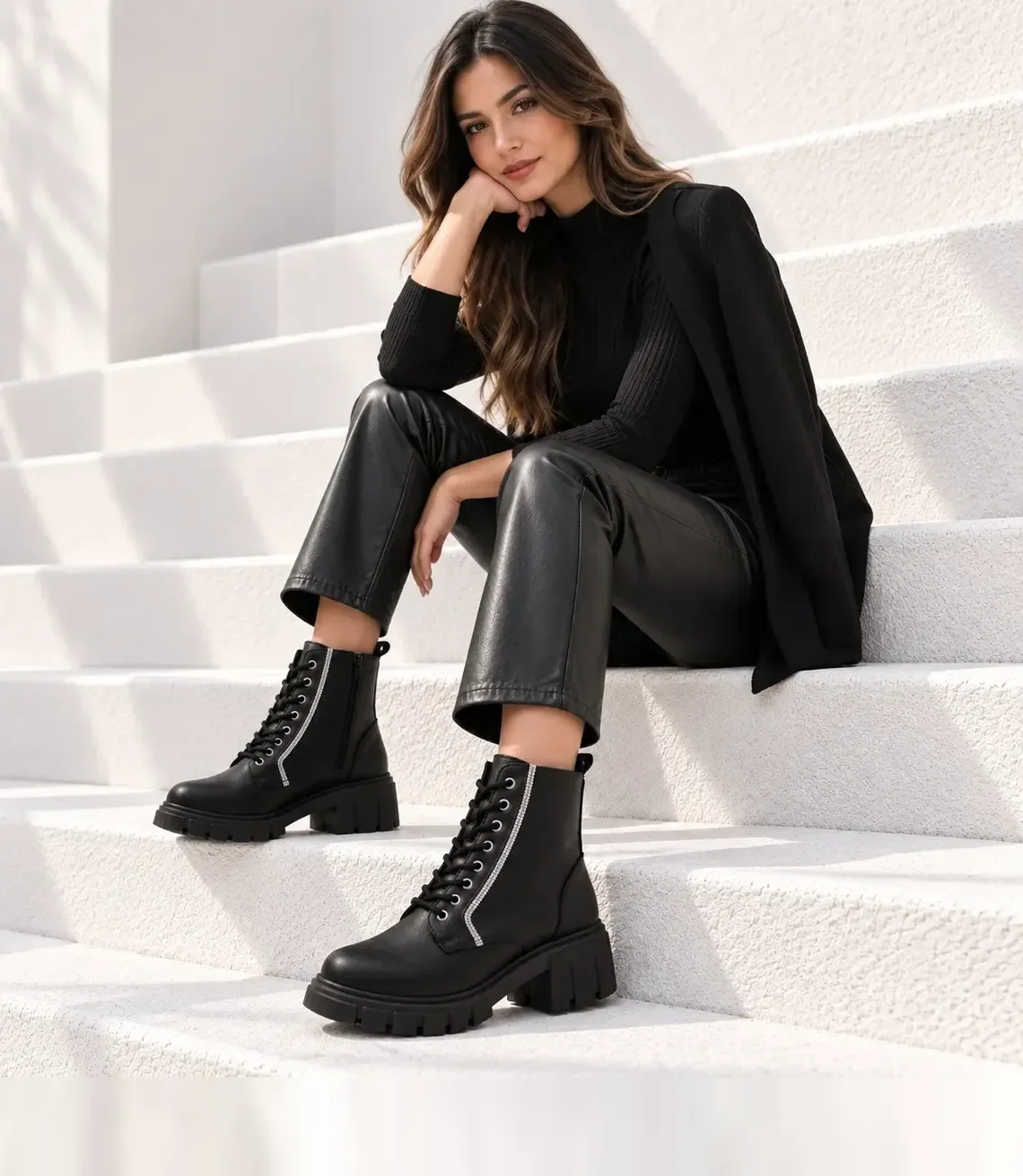 Woman sitting on white steps wearing black chunky-sole lace-up ankle boots