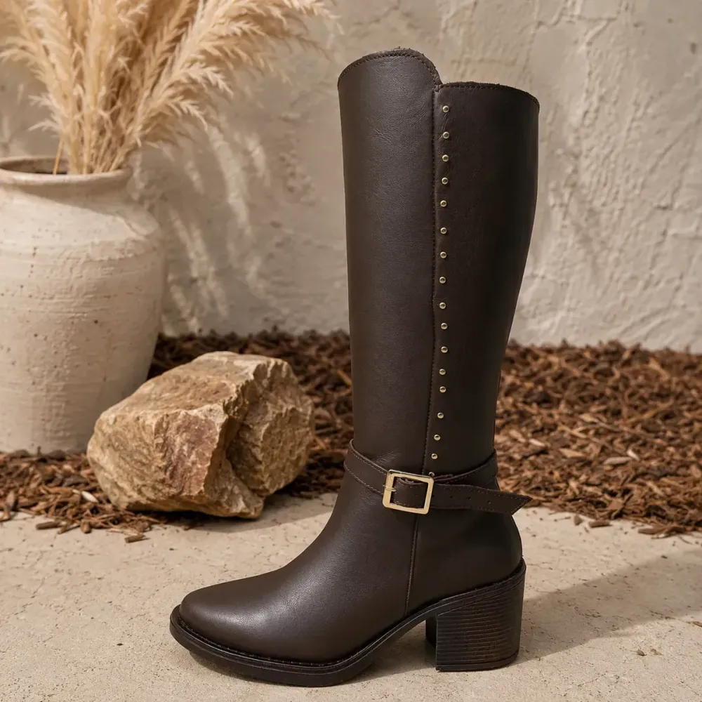Tall brown boot with buckle