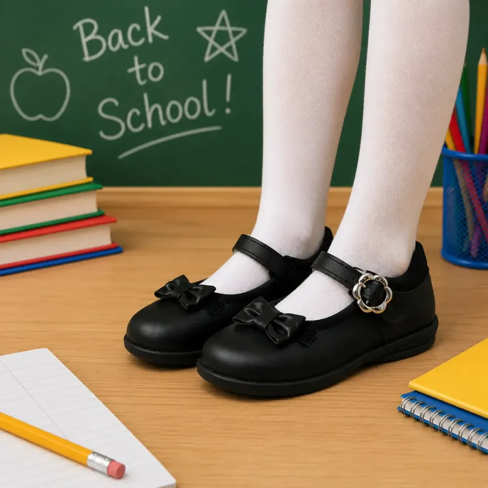 Girls' black school shoes with bow