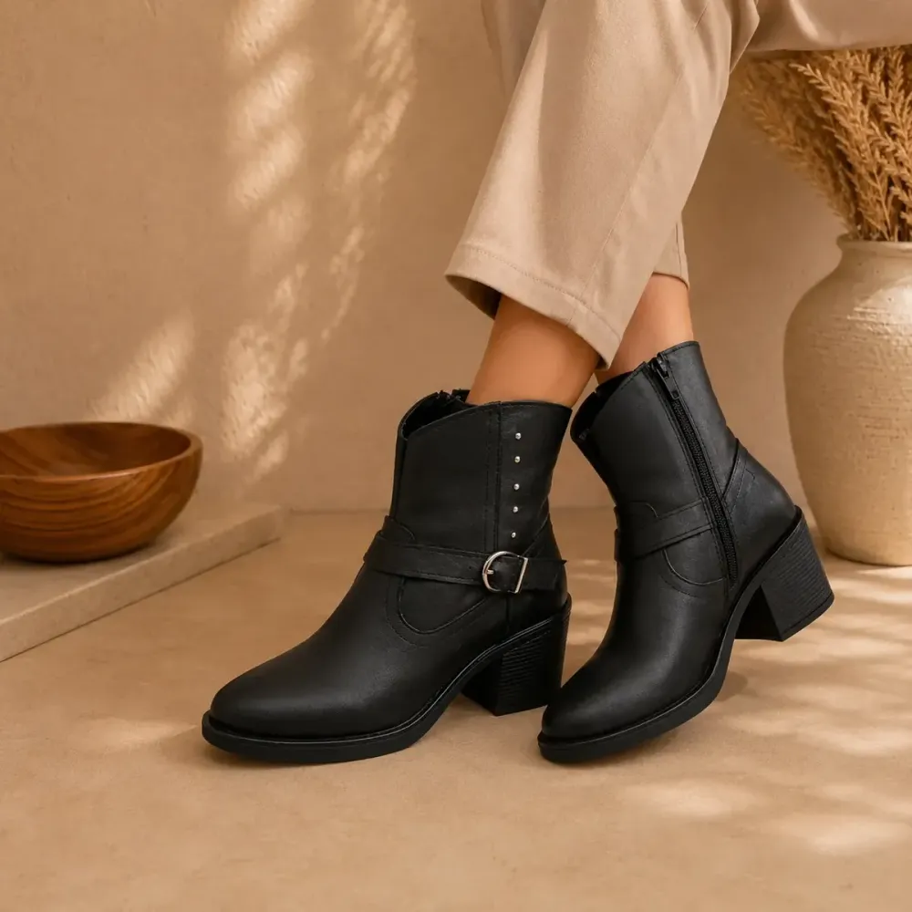 Women's black heeled ankle boot with buckle